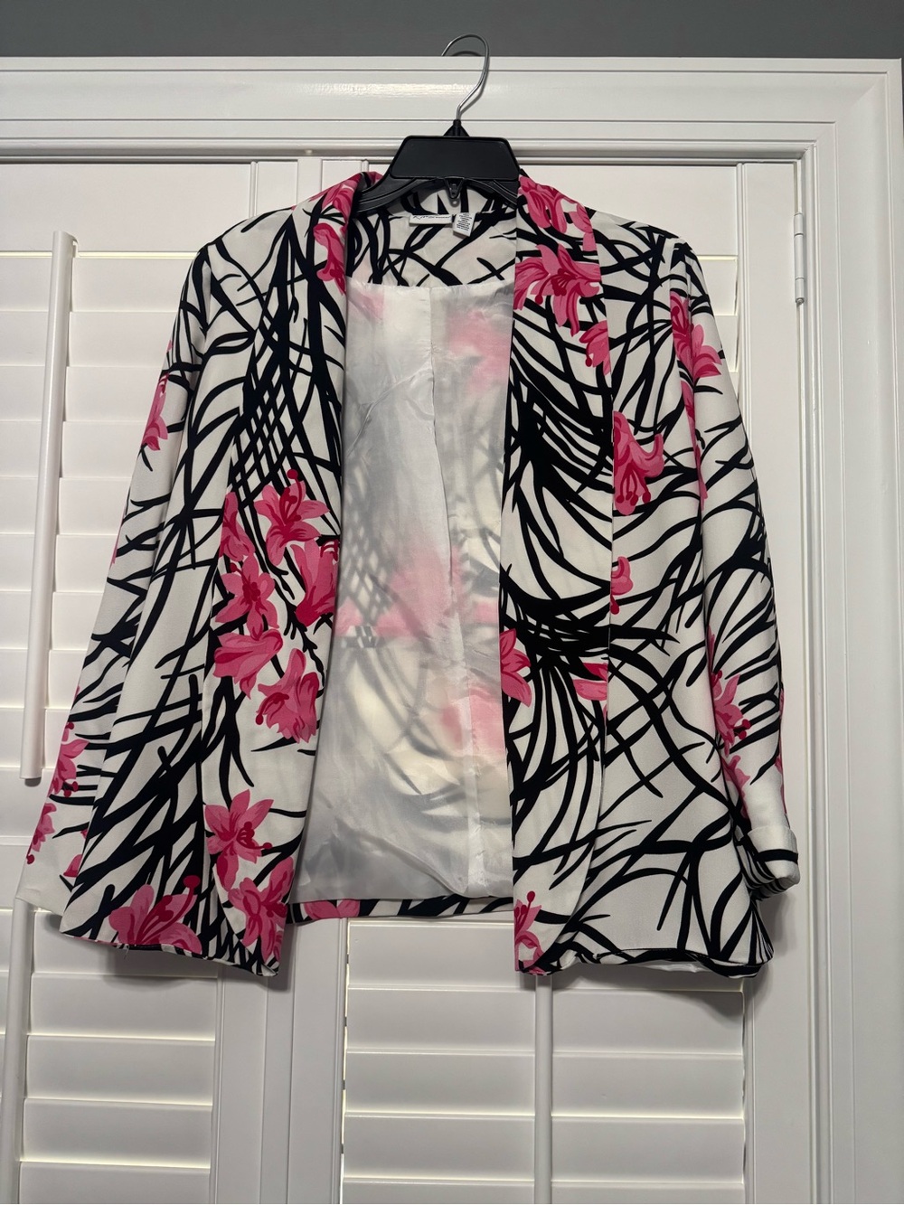 Kim Rogers Floral Blazer Jacket Medium Pink Black White Open Front Career Jacket
